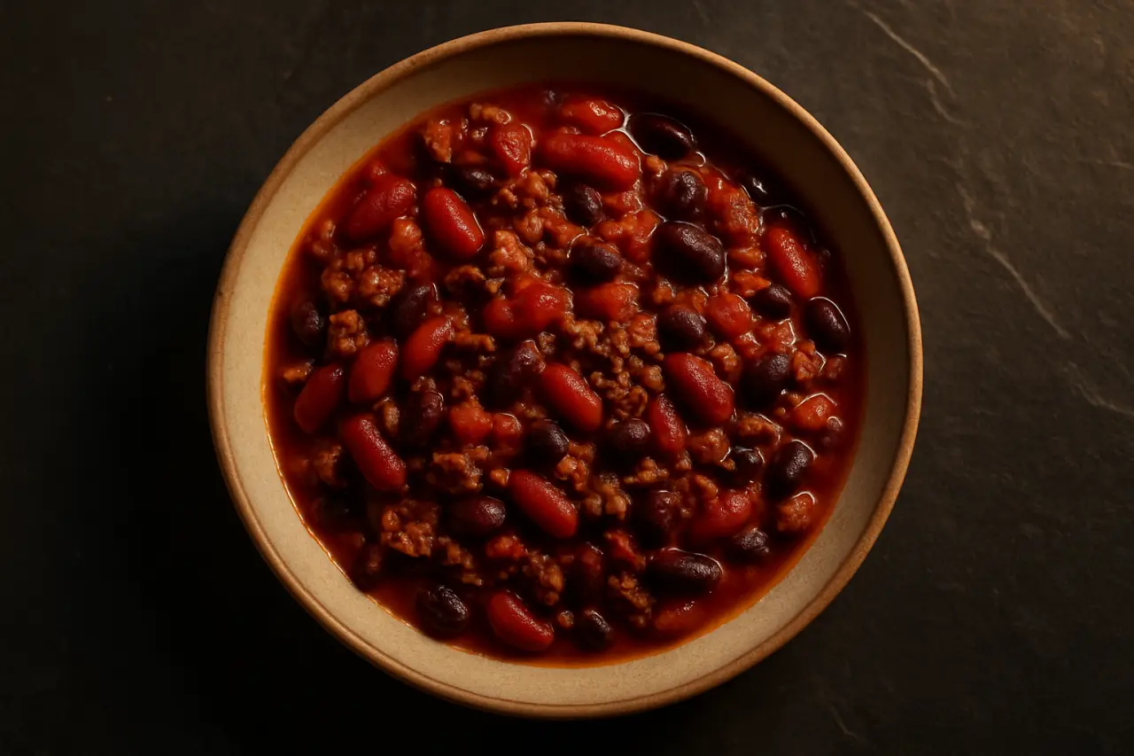 Beef & Bean Chili - the big-pot classic: beef for protein, two kinds of beans for fiber, and it only improves as the week goes on