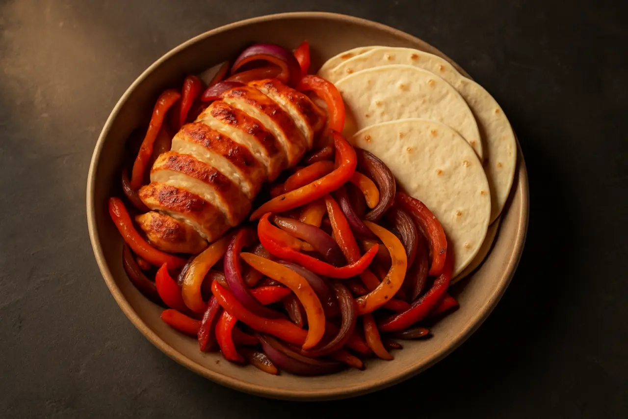 Chicken Fajita Skillet - sizzling chicken and peppers in one pan, tortillas on the table, everyone builds their own