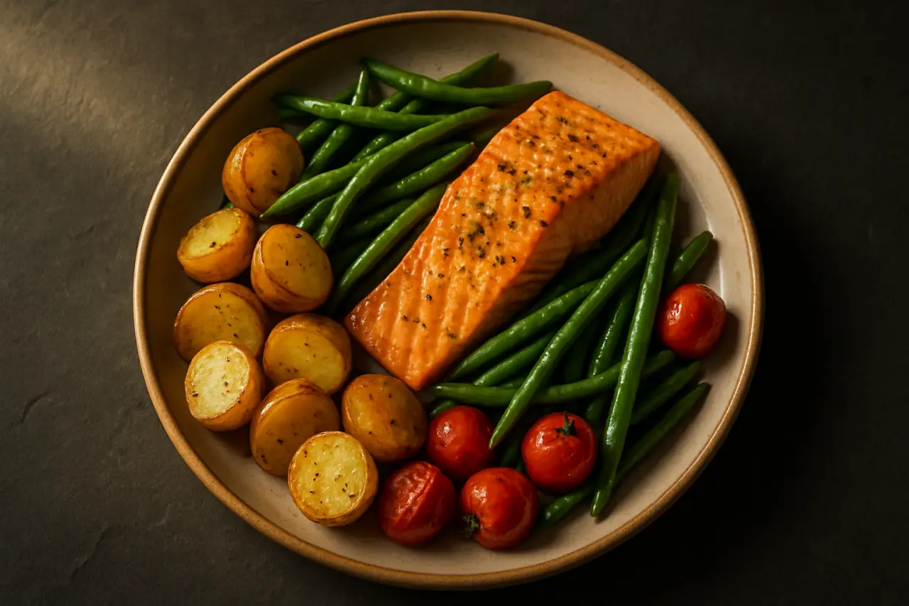 Salmon Traybake - salmon, green beans and tomatoes roasted on one tray