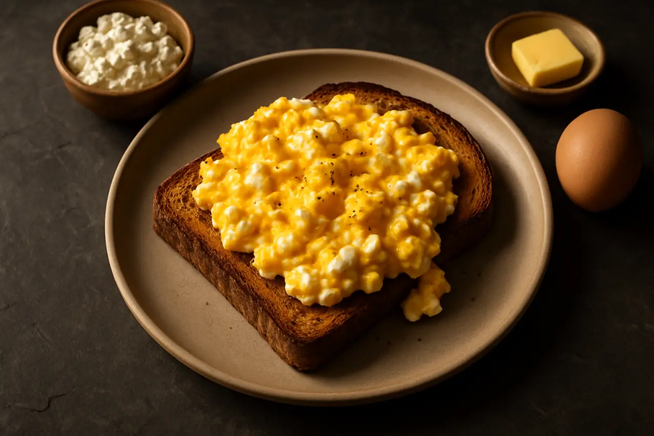 Cottage Cheese Scramble on Toast - cottage cheese melts into scrambled eggs and makes them creamy while quietly doubling the protein