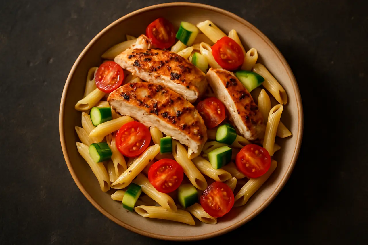 Greek Chicken Pasta Salad - cold pasta salad that actually keeps you full: chicken, feta, olives and crunchy veg