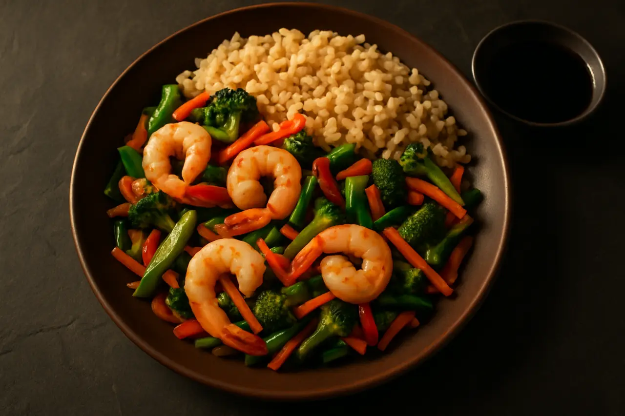 Shrimp Stir-Fry - frozen shrimp and a bag of stir-fry veg - twenty minutes from freezer to plate on the nights the schedule collapses